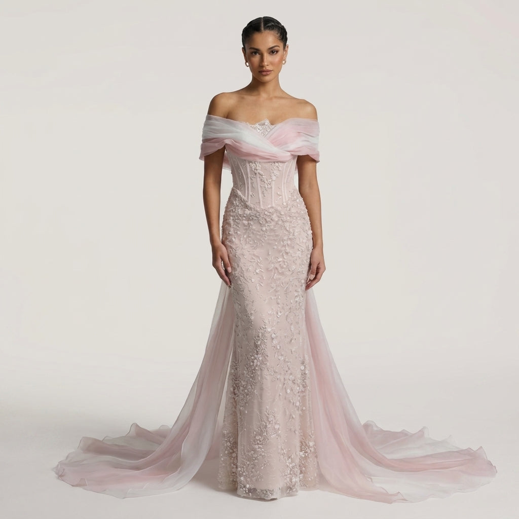 Veloria Rose Petal Gown — Blush Off-Shoulder Floral Lace Couture