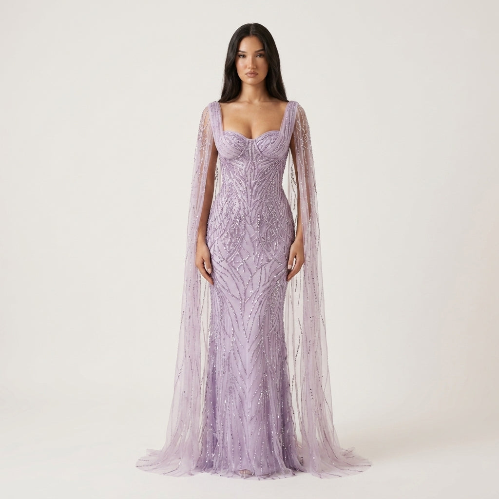 Veloria Lavender Constellation Gown — Beaded Cape Sleeve Couture