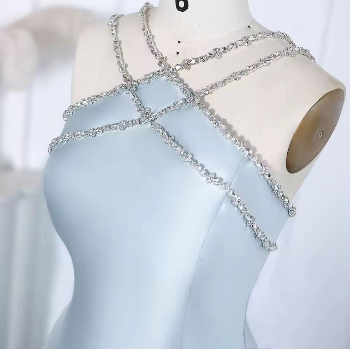 Veloria Sapphire Halter Gown — Ice Blue Crystal Halter Couture