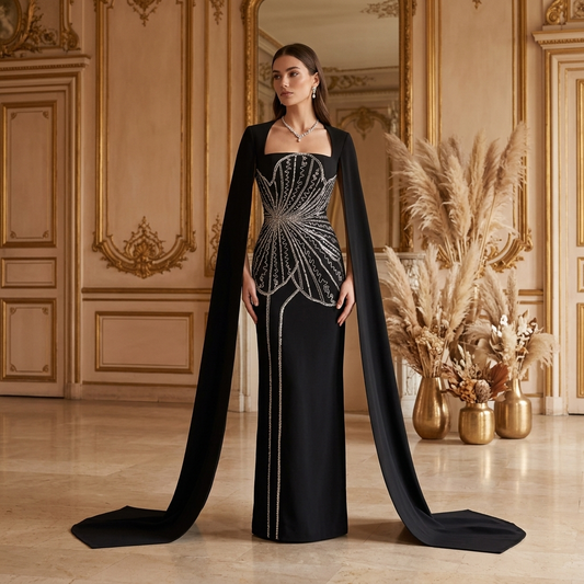 Onyx Starburst Cape Gown