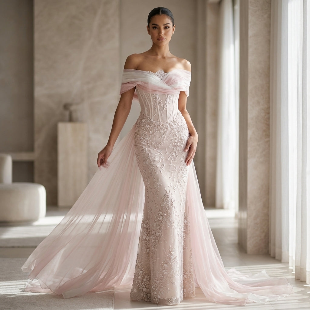Veloria Rose Petal Gown — Blush Off-Shoulder Floral Lace Couture