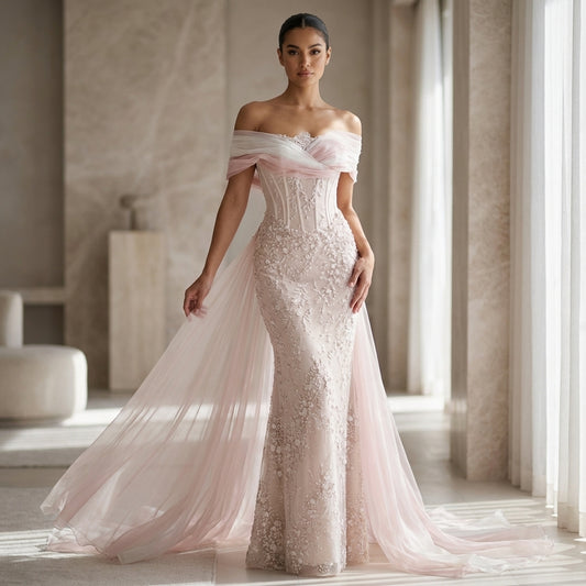 Veloria Rose Petal Gown — Blush Off-Shoulder Floral Lace Couture