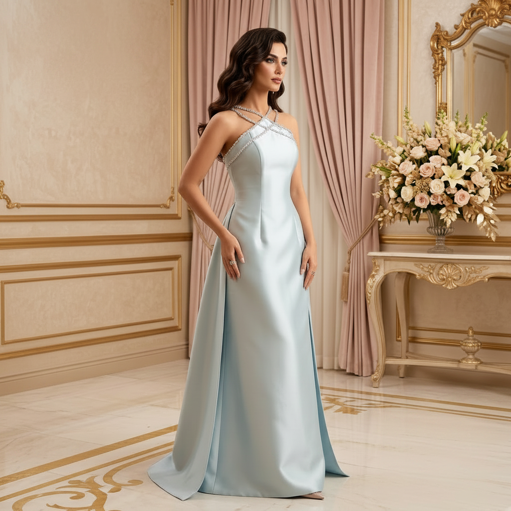 Veloria Sapphire Halter Gown — Ice Blue Crystal Halter Couture