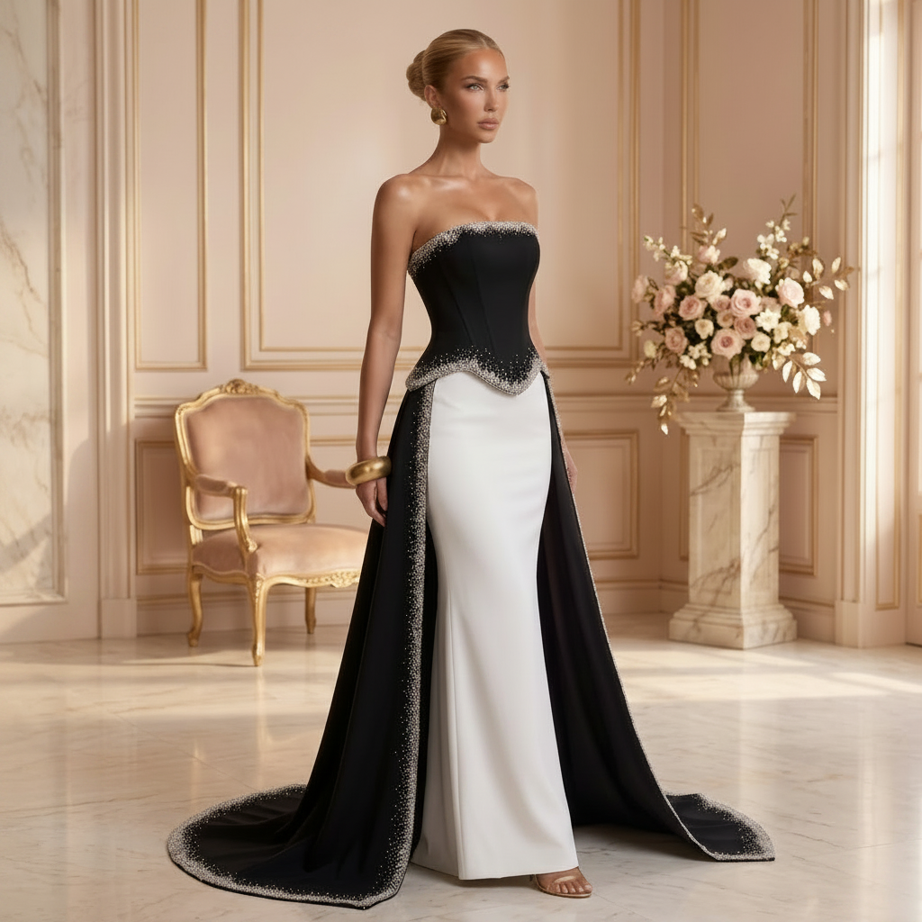 Veloria Monochrome Reverie Gown — Black & Ivory Beaded Couture
