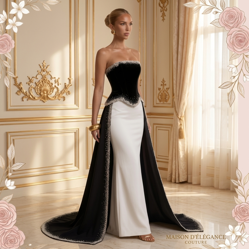 Veloria Monochrome Reverie Gown — Black & Ivory Beaded Couture
