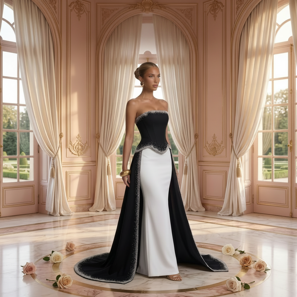 Veloria Monochrome Reverie Gown — Black & Ivory Beaded Couture