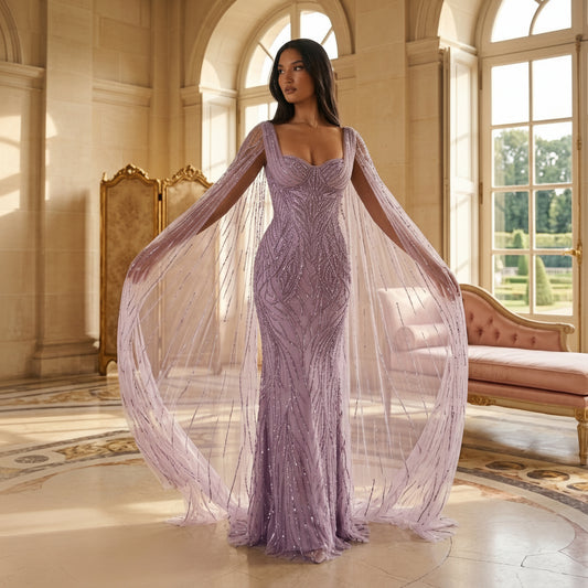 Veloria Lavender Constellation Gown — Beaded Cape Sleeve Couture