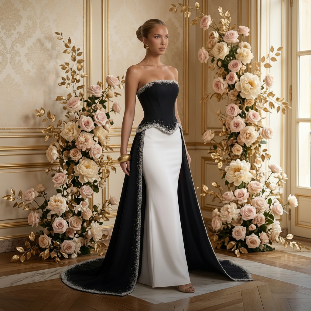 Veloria Monochrome Reverie Gown — Black & Ivory Beaded Couture