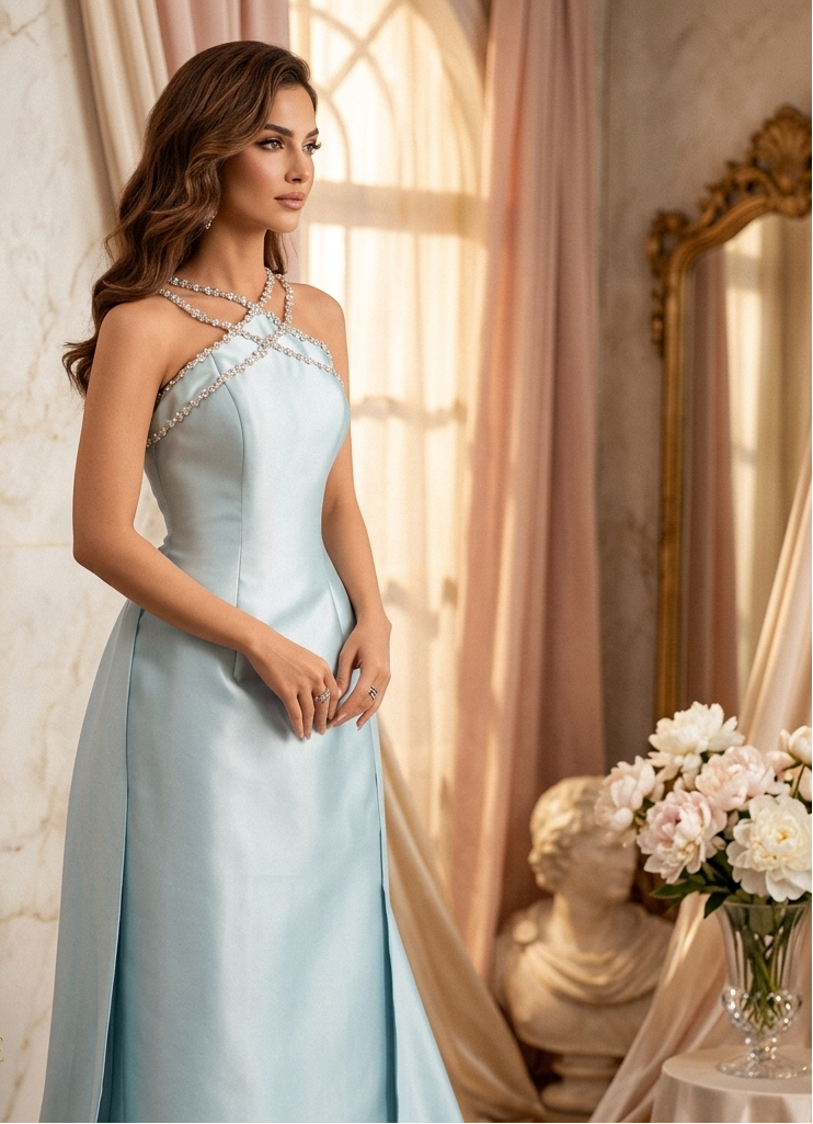 Veloria Sapphire Halter Gown — Ice Blue Crystal Halter Couture