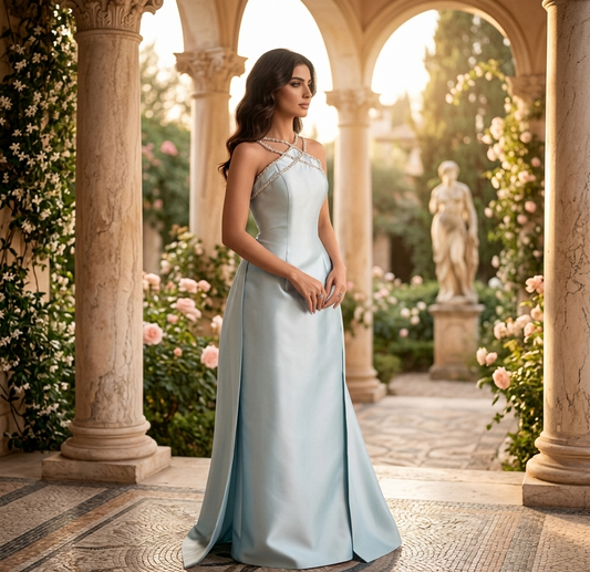 Veloria Sapphire Halter Gown — Ice Blue Crystal Halter Couture