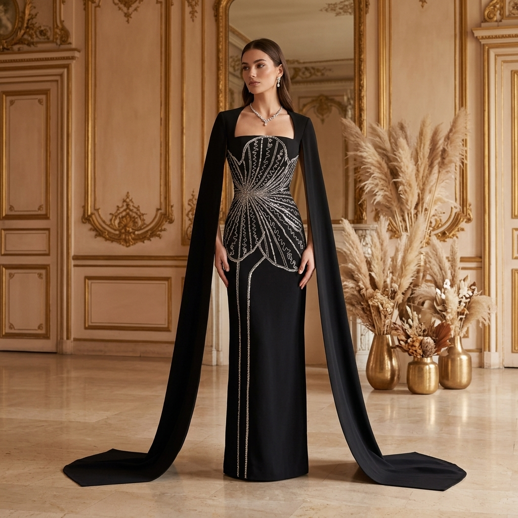 Onyx Starburst Cape Gown — black strapless column gown with gold crystal starburst embroidery and dramatic floor-length cape sleeves