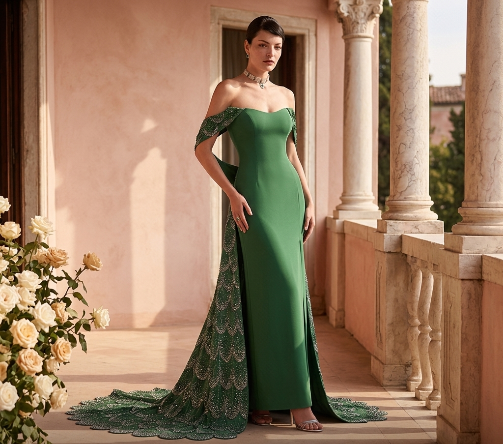 Emerald Peacock Cathedral Train Gown