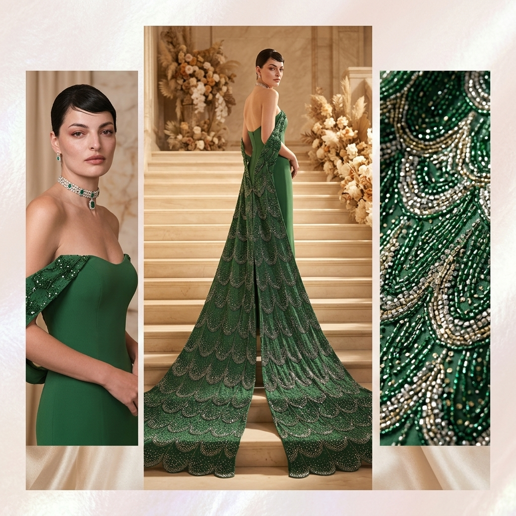 Emerald Peacock Cathedral Train Gown — forest green strapless column gown with hand-beaded peacock feather cathedral train in emerald and silver crystals