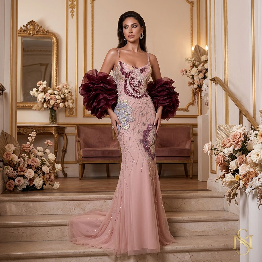 Rose Noir Butterfly Mermaid Gown — blush pink hand-beaded mermaid gown with butterfly embroidery and detachable burgundy organza puff sleeves