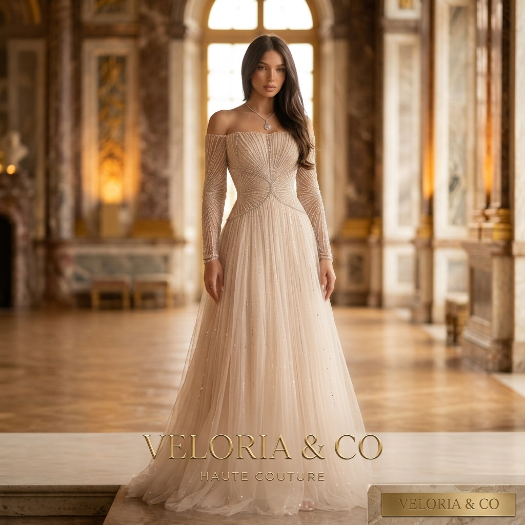 Versailles Off-Shoulder Haute Couture Gown — champagne blush tulle gown with starburst beaded bodice and sheer long sleeves in a grand palace hall