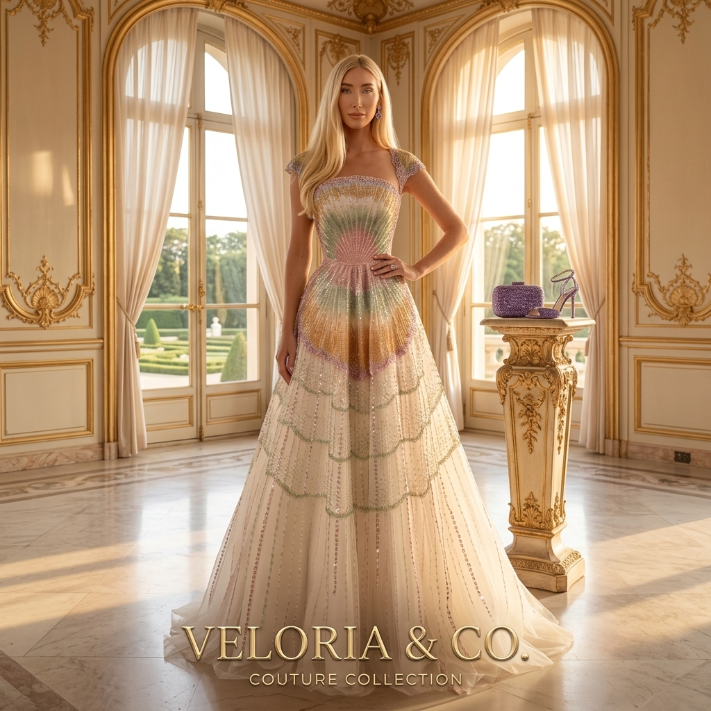 Aurora Prismatic Couture Gown — iridescent crystal-embellished A-line gown in a grand palace setting