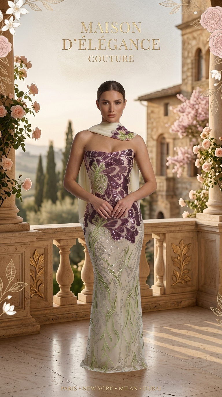 Veloria Botanical Reverie Gown — Mauve & Sage Embroidered Couture