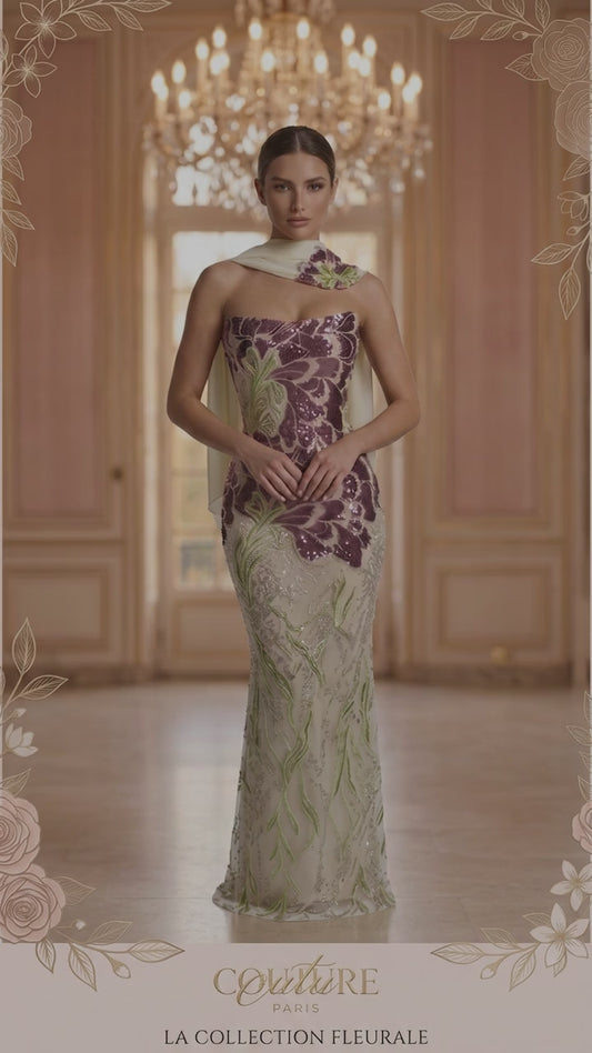 Veloria Botanical Reverie Gown — Mauve & Sage Embroidered Couture